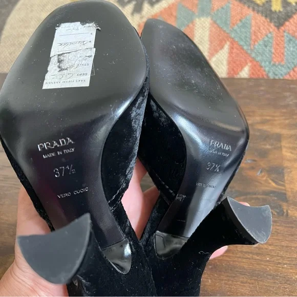 Prada (Worn Indoor Once) Black Velvet Crystal Flower Curved Heel Mules 37.5